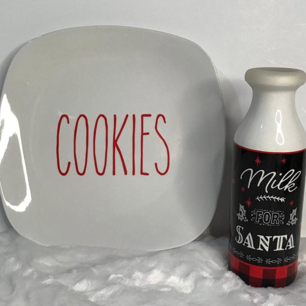 Santa Claus‎ Farmhouse Style Cookie Plate & Milk Bottle Christmas Decor